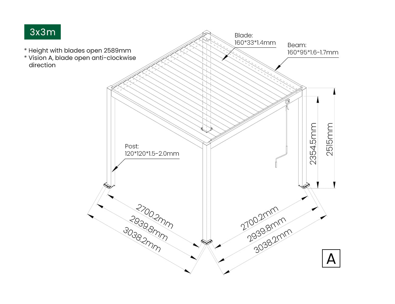 Atlantic Manual Freestanding Louvre Roof Size: 3 x 3m Color: Black